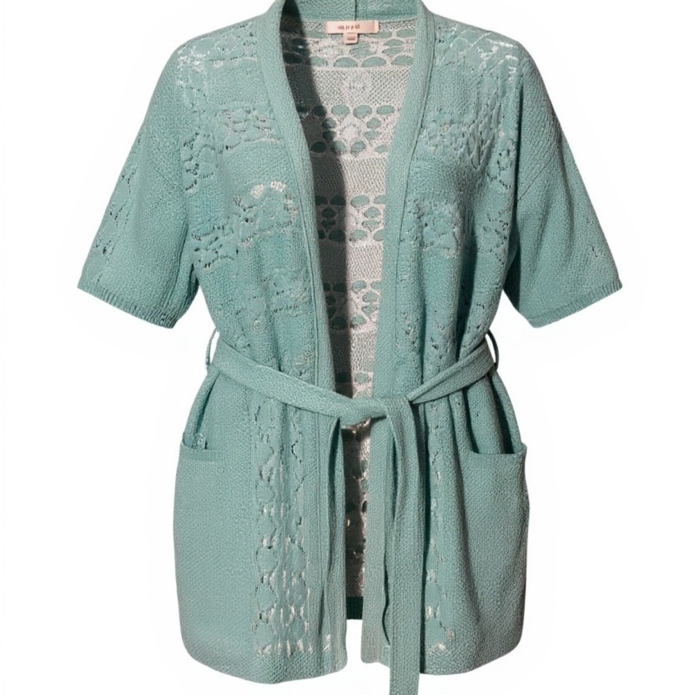 Women's Anthropologie Teal Lace Stitch Open Knit Cardigan with Belt Size Small